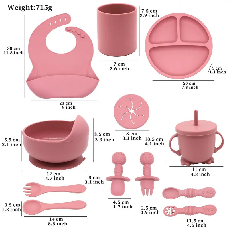 12pcs Silicone Youngsters Feeding Set - Includes Suction Bowl, Divided Plate, Spoon & Fork, Sippy Cup with Adjustable Bib - Perfect for Youngsters Learning to Self-Feed