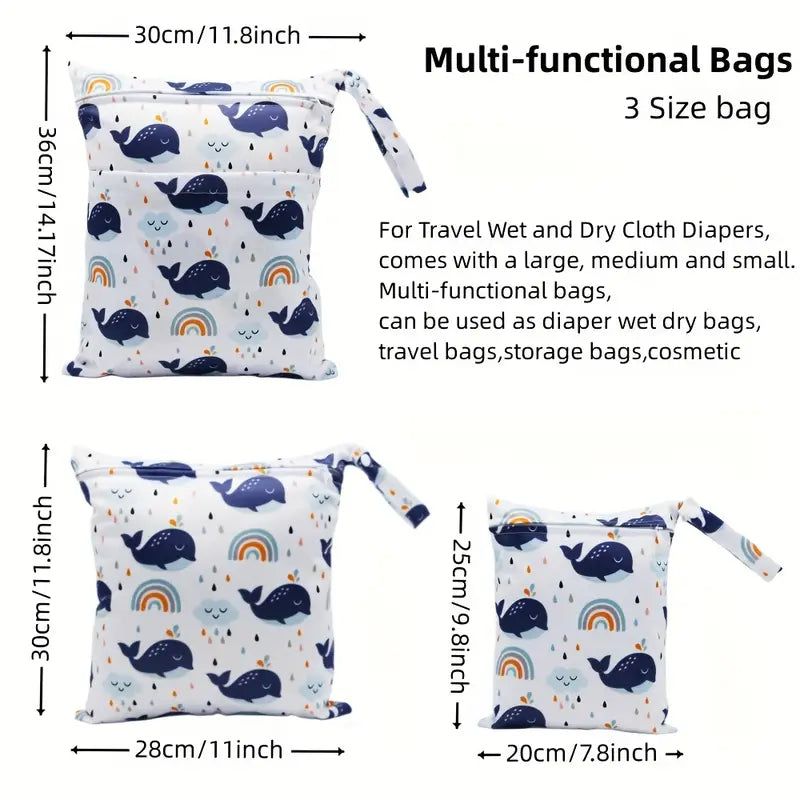 [Reusable Wet] 3pcs Wet Diaper Bags | Reusable | Wet Dry Bags for Cloth Diapers&Breast Pump Parts | Two Zippered Pockets & Handle | Beach Pool Gym Bag Stroller Yoga Toiletries Daycare Organizer