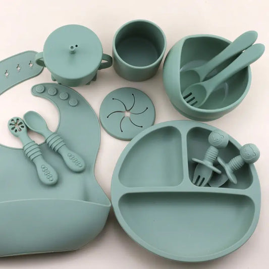 12pcs Silicone Youngsters Feeding Set - Includes Suction Bowl, Divided Plate, Spoon & Fork, Sippy Cup with Adjustable Bib - Perfect for Youngsters Learning to Self-Feed