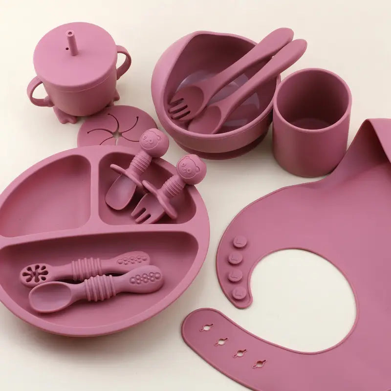 12pcs Silicone Youngsters Feeding Set - Includes Suction Bowl, Divided Plate, Spoon & Fork, Sippy Cup with Adjustable Bib - Perfect for Youngsters Learning to Self-Feed