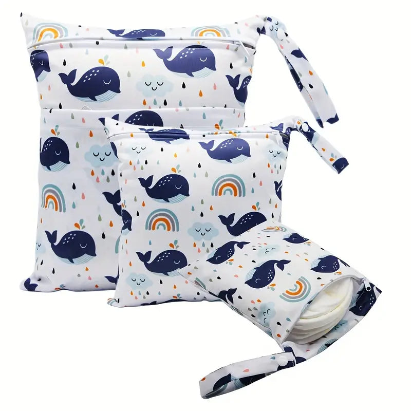 [Reusable Wet] 3pcs Wet Diaper Bags | Reusable | Wet Dry Bags for Cloth Diapers&Breast Pump Parts | Two Zippered Pockets & Handle | Beach Pool Gym Bag Stroller Yoga Toiletries Daycare Organizer