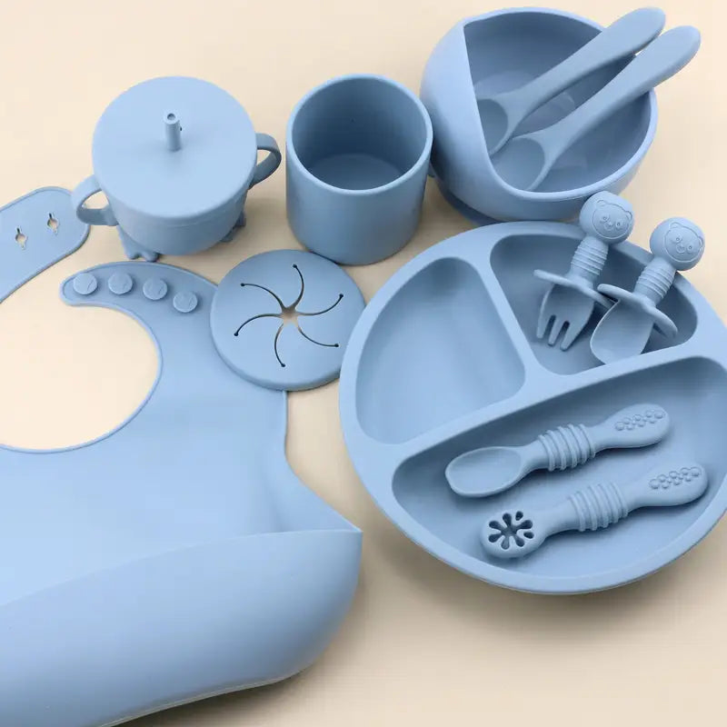12pcs Silicone Youngsters Feeding Set - Includes Suction Bowl, Divided Plate, Spoon & Fork, Sippy Cup with Adjustable Bib - Perfect for Youngsters Learning to Self-Feed