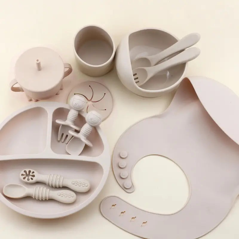 12pcs Silicone Youngsters Feeding Set - Includes Suction Bowl, Divided Plate, Spoon & Fork, Sippy Cup with Adjustable Bib - Perfect for Youngsters Learning to Self-Feed